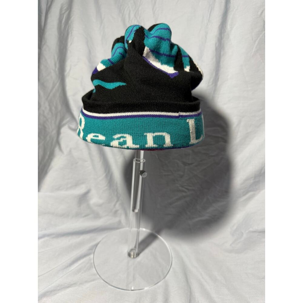 L.L.Bean Vintage Pom Beanie Teal Purple Black Mountain Knit Winter Hat - Picture 5 of 8